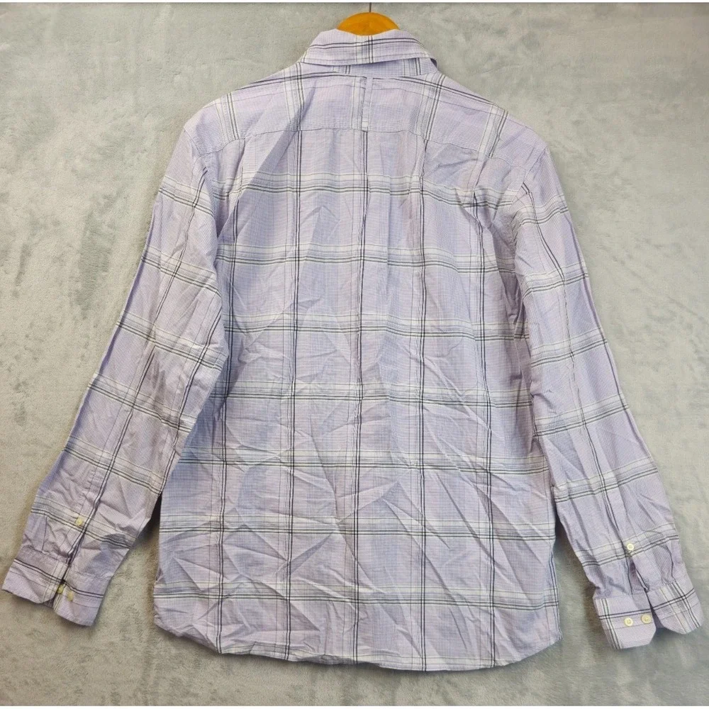 Banana Republic Button Up Shirt Large Slim Fit Purple Plaid Double Chest Pocket